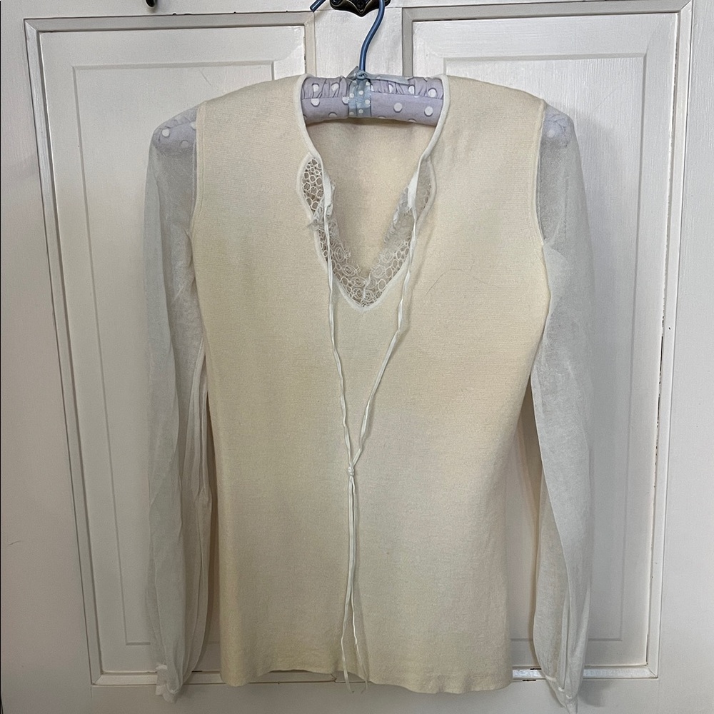 Elie Tahiti Cream Sheer Sleeve Top merino wool, cotton and lace